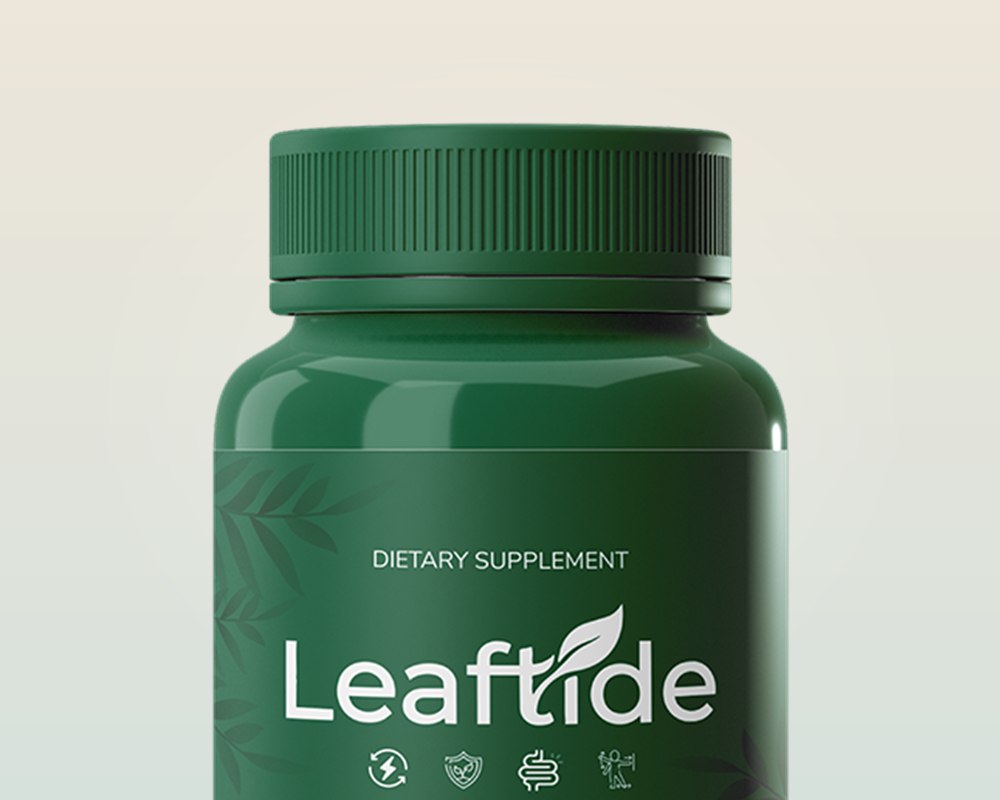 Close-up of a green Leaftide dietary supplement bottle, 30 capsules